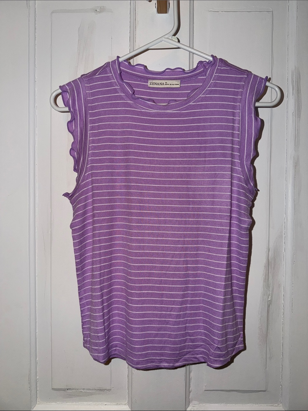 Zenana Outfitters Lavender and White Striped Ruffle-Edge Tank